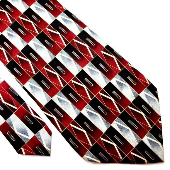 Pierre Cardin Red Gray‎ Silk Tie Abstract Geometric - Picture 1 of 6